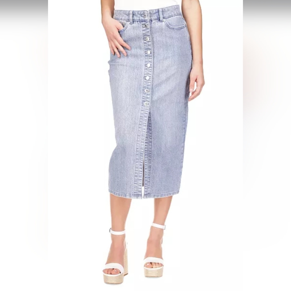 NWT Michael Kors Women's Button Front Denim Midi Skirt: Sky Haze Wash: Size- 12